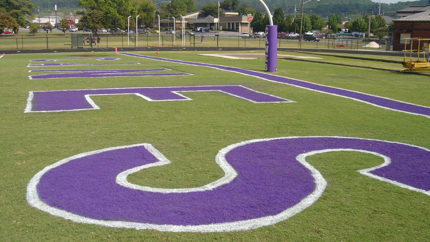  Purple Painted Letters On A Football Field 
