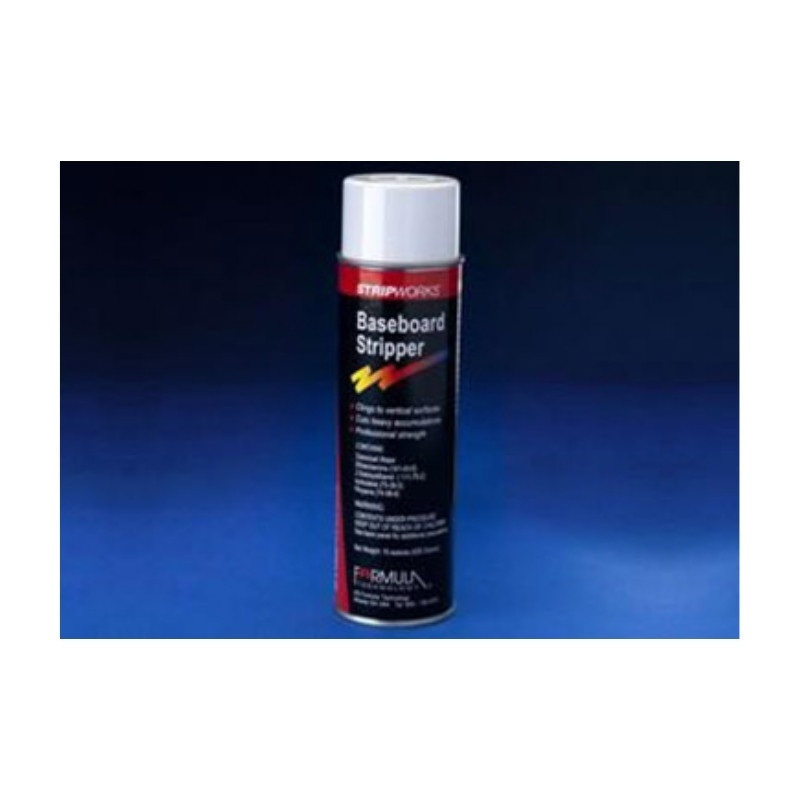 Aerosol baseboard stripper strips removes years of accumulated floor polishes waxes finishes.
